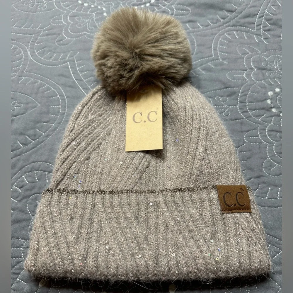 C.C Women’s Taupe Knit Pom Hat NWT One Size